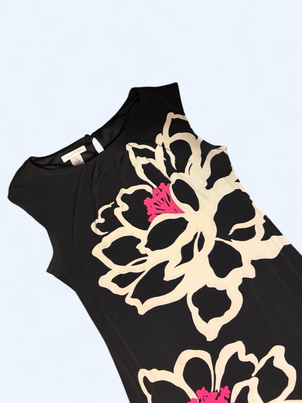 London Times Black Sleeveless Dress with Cream Floral and Pink Detail